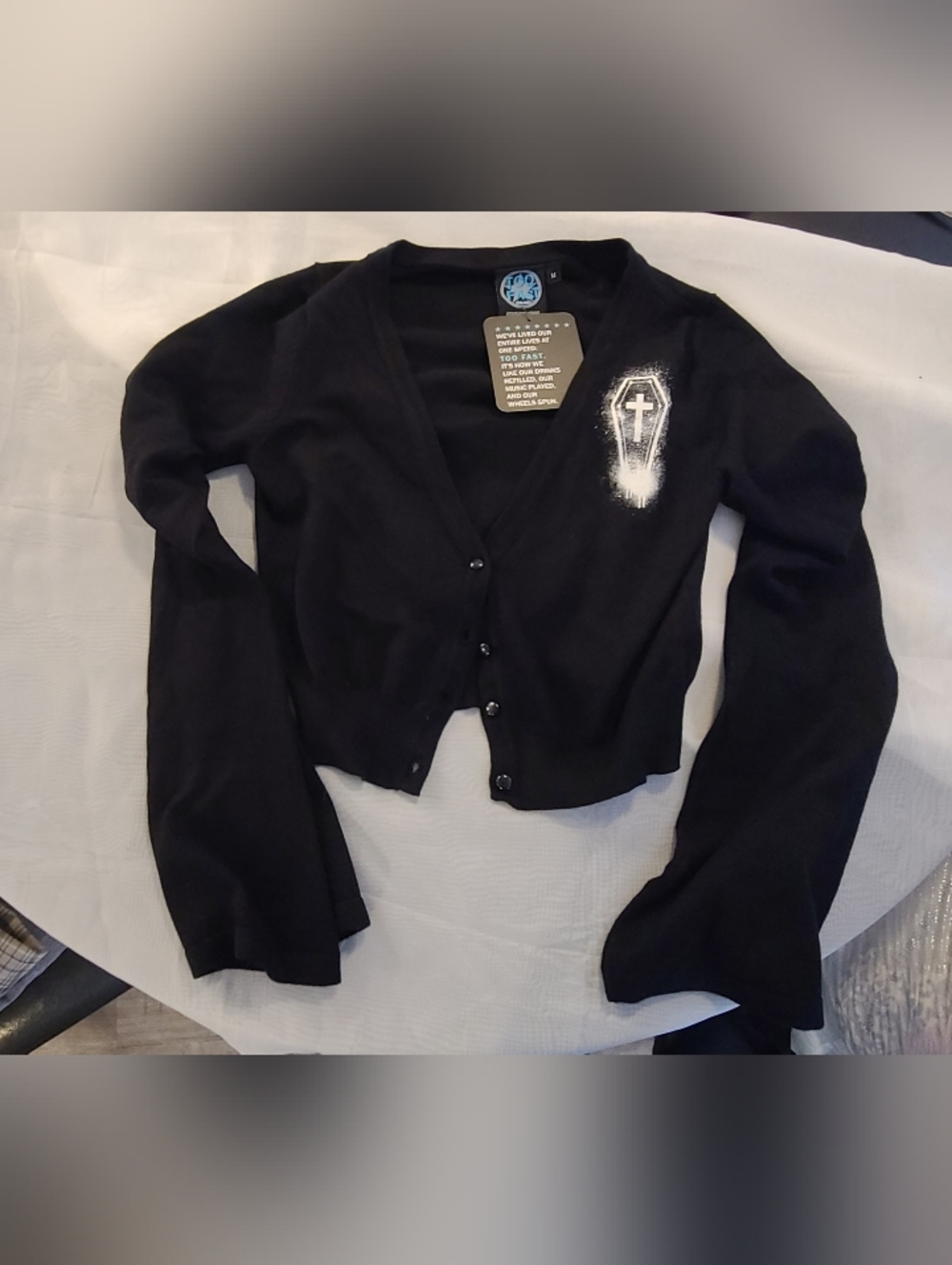 NWT Too Fast Gothic Black Pentagram Cropped Cardigan Bell Sleeves, Med - Picture 6 of 10